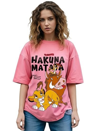 Disney Merchandise Hakuna Matata Women's 100% Cotton Graphic Print Oversized Fit Round Neck T-Shirt