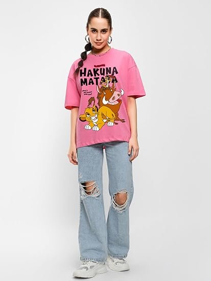 Disney Merchandise Hakuna Matata Women's 100% Cotton Graphic Print Oversized Fit Round Neck T-Shirt - Image 4