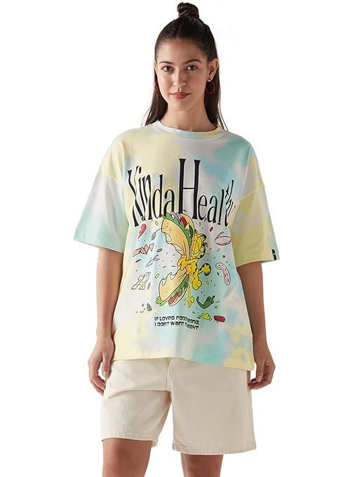 Garfield Merchandise Women's Graphic Printed Oversized Fit Half Sleeve Round Neck Cotton Jersey T-Shirt