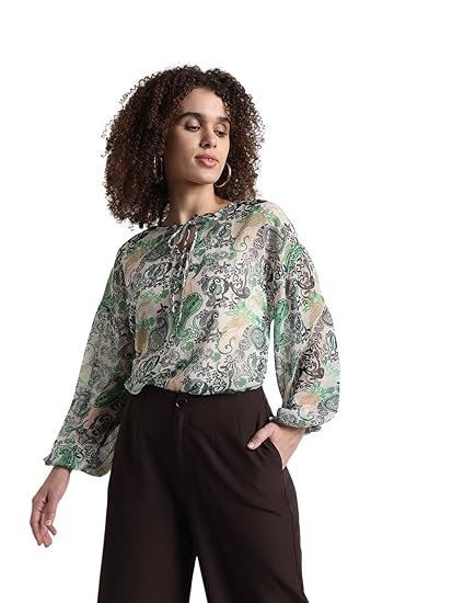 Ethnic Motifs Printed Tie-Up Neck Puff Sleeves Chiffon Top - Image 4