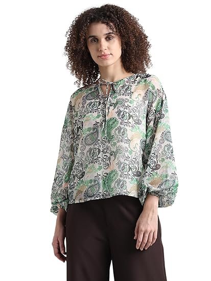 Ethnic Motifs Printed Tie-Up Neck Puff Sleeves Chiffon Top - Image 5