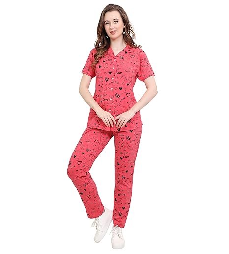 Cotton Printed Night Suit Set of Shirt & Pyjama for Women | Collar Neck, Short Sleeve & Relaxed Fit Pyjama Set | Stylish Night Wear Dress for Women |