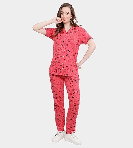 Cotton Printed Night Suit Set of Shirt & Pyjama for Women | Collar Neck, Short Sleeve & Relaxed Fit Pyjama Set | Stylish Night Wear Dress for Women | - Image 3