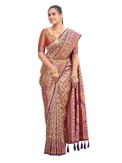 Women's Trendy Banarasi Woven Saree with Heavy Jacquard Work, Elegant Design, Silk Saree with Maching Lace Border Unstitched Blouse Piece for Weddings & Festive Occasions