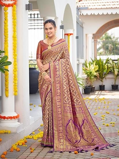 Women's Trendy Banarasi Woven Saree with Heavy Jacquard Work, Elegant Design, Silk Saree with Maching Lace Border Unstitched Blouse Piece for Weddings & Festive Occasions - Image 4