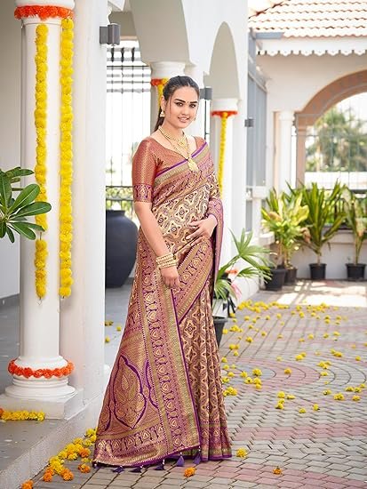 Women's Trendy Banarasi Woven Saree with Heavy Jacquard Work, Elegant Design, Silk Saree with Maching Lace Border Unstitched Blouse Piece for Weddings & Festive Occasions - Image 2