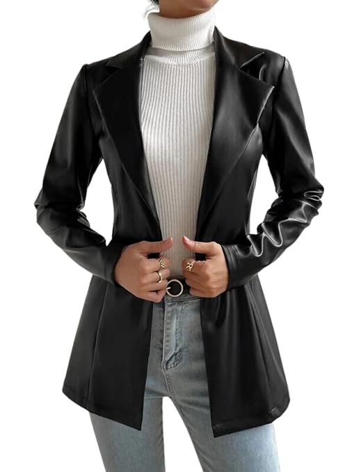Synthetic Leather Black Blazer for Women Single Breasted Regular Fit Casual Jacket for Women & Girls