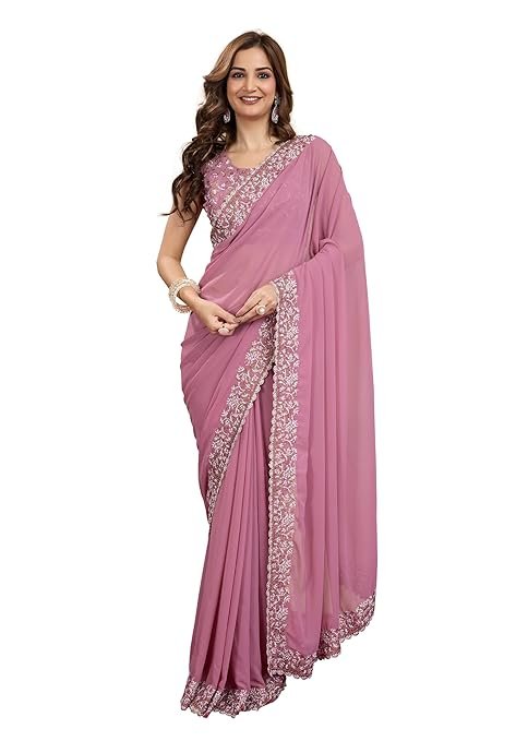 Women's Georgette Embroidery Sequin Work Saree with Unstitch Blouse Piece