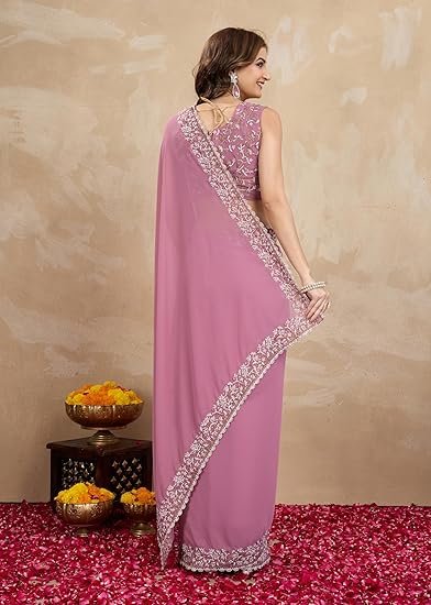 Women's Georgette Embroidery Sequin Work Saree with Unstitch Blouse Piece - Image 4