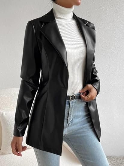 Synthetic Leather Black Blazer for Women Single Breasted Regular Fit Casual Jacket for Women & Girls - Image 2
