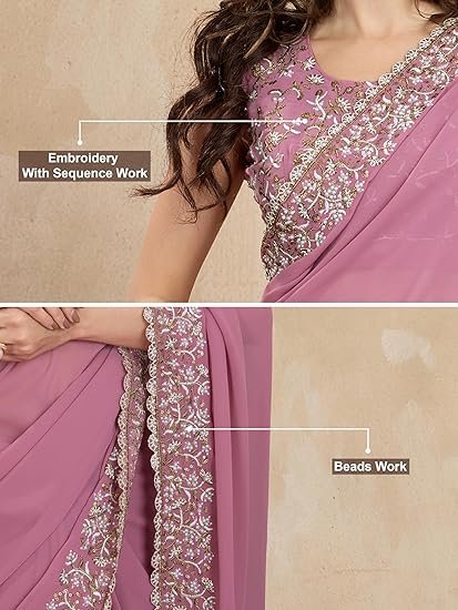 Women's Georgette Embroidery Sequin Work Saree with Unstitch Blouse Piece - Image 2