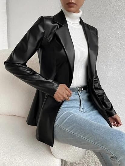 Synthetic Leather Black Blazer for Women Single Breasted Regular Fit Casual Jacket for Women & Girls - Image 4