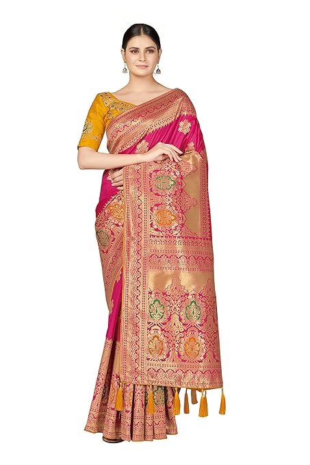 Women's Banarasi Silk Blend Woven Work Tussles Saree With Unsttiched Blouse Piece
