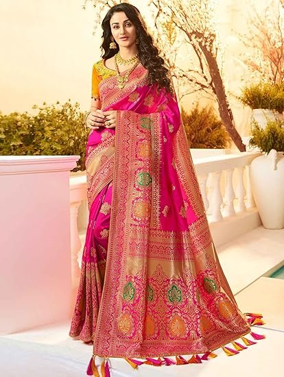 Women's Banarasi Silk Blend Woven Work Tussles Saree With Unsttiched Blouse Piece - Image 5