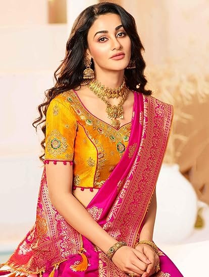 Women's Banarasi Silk Blend Woven Work Tussles Saree With Unsttiched Blouse Piece - Image 2