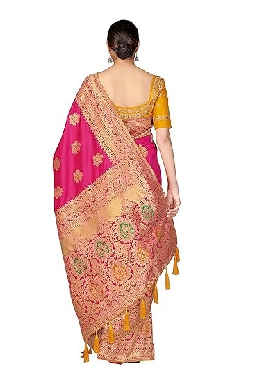 Women's Banarasi Silk Blend Woven Work Tussles Saree With Unsttiched Blouse Piece - Image 4