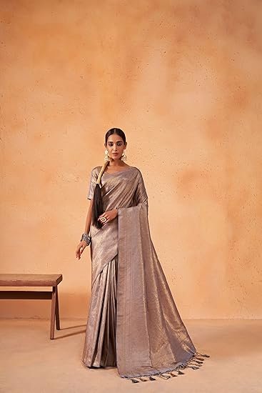 Women's Kanjivaram Silk Saree and Unstitched Blouse Piece with Zari Woven and Tassle work | saree for wedding function