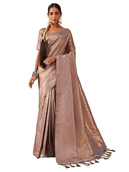 Women's Kanjivaram Silk Saree and Unstitched Blouse Piece with Zari Woven and Tassle work | saree for wedding function - Image 4