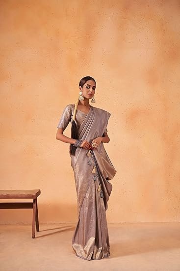 Women's Kanjivaram Silk Saree and Unstitched Blouse Piece with Zari Woven and Tassle work | saree for wedding function - Image 2
