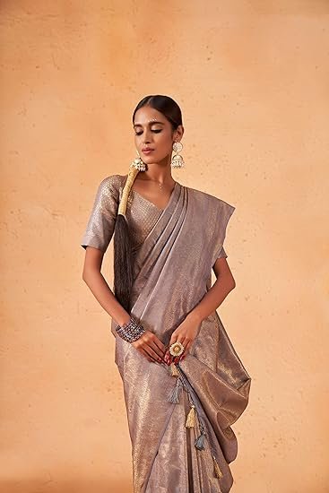 Women's Kanjivaram Silk Saree and Unstitched Blouse Piece with Zari Woven and Tassle work | saree for wedding function - Image 3