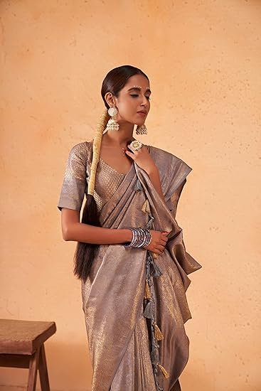 Women's Kanjivaram Silk Saree and Unstitched Blouse Piece with Zari Woven and Tassle work | saree for wedding function - Image 5