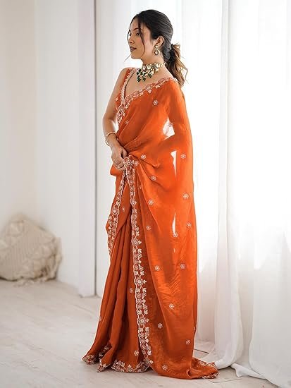 Women's Tissue Silk Scalloped Border Sequins Embroidery Saree with Unstitched Blouse Piece - Image 4