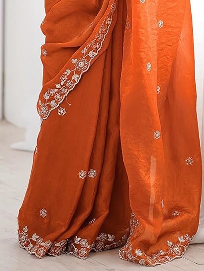 Women's Tissue Silk Scalloped Border Sequins Embroidery Saree with Unstitched Blouse Piece - Image 3