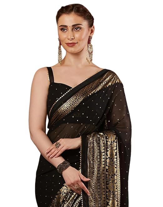 Women's Georgette Foil Printed Saree with Unstitched Blouse Piece