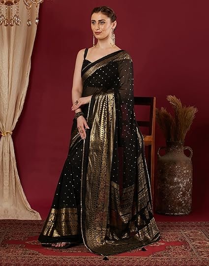 Women's Georgette Foil Printed Saree with Unstitched Blouse Piece - Image 3