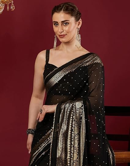 Women's Georgette Foil Printed Saree with Unstitched Blouse Piece - Image 2