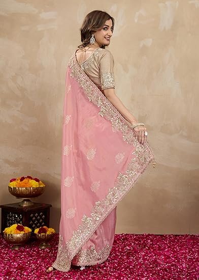 Women's Jacquard Silk Embroidery Sequin Work Saree with Unstitch Blouse Piece - Image 4