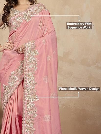 Women's Jacquard Silk Embroidery Sequin Work Saree with Unstitch Blouse Piece - Image 2