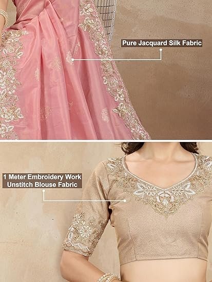 Women's Jacquard Silk Embroidery Sequin Work Saree with Unstitch Blouse Piece - Image 3