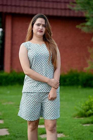 Cotton Night Suit Set for Women – Soft Sleepwear with Shorts | Short Nightwear Set | Comfortable Cotton Pajama Set for Ladies | Summer Night Dress