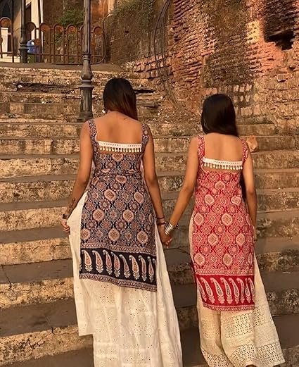omen's Sleeveless Ajrak Print Kurti, Pure Cotton Straight Fit Straight Cambric Jaipuri Printed Kurti - Image 4