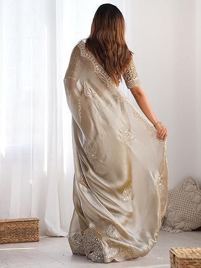 Women's Tissue Silk Sequin Embroidery Scalloped Border Saree with Unstitched Blouse Piece - Image 5