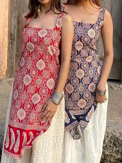 omen's Sleeveless Ajrak Print Kurti, Pure Cotton Straight Fit Straight Cambric Jaipuri Printed Kurti - Image 2