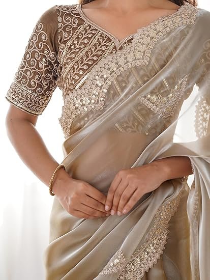Women's Tissue Silk Sequin Embroidery Scalloped Border Saree with Unstitched Blouse Piece - Image 3