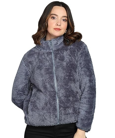 Women’s Fluffy Yarn Fleece Full-Zip Jacket | Soft Lightweight Warm Outerwear with Stand Collar & Piping at Hem & Cuffs
