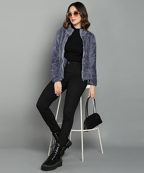 Women’s Fluffy Yarn Fleece Full-Zip Jacket | Soft Lightweight Warm Outerwear with Stand Collar & Piping at Hem & Cuffs - Image 4