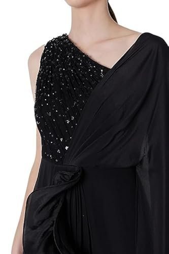 Gown Saree, Black Crepe and Net, Ruffled Draped Style, Wedding - Image 4