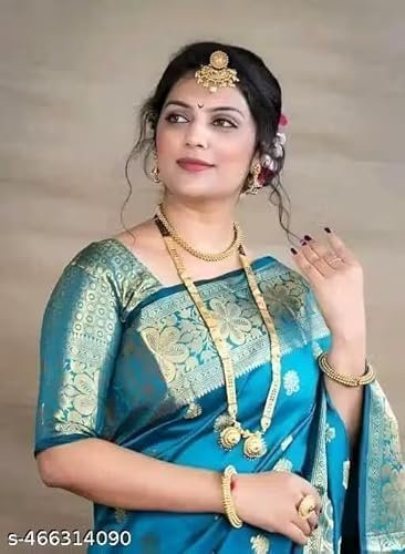 E-Online Kanjivaram Silk Saree with Zari Woven Design & Running Banarasi Silk Blouse Piece Color Rama - Image 4