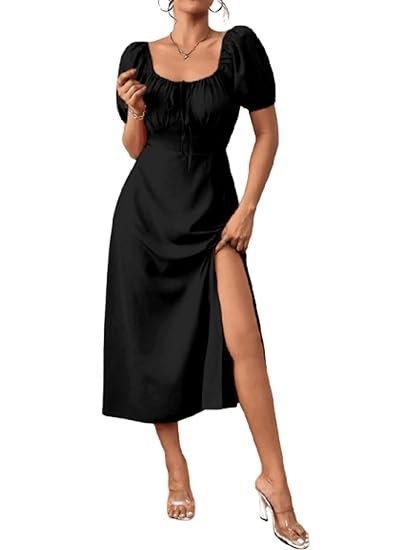 Puff Sleeve Sweetheart Neck Split Thigh A-Line Midi Dress