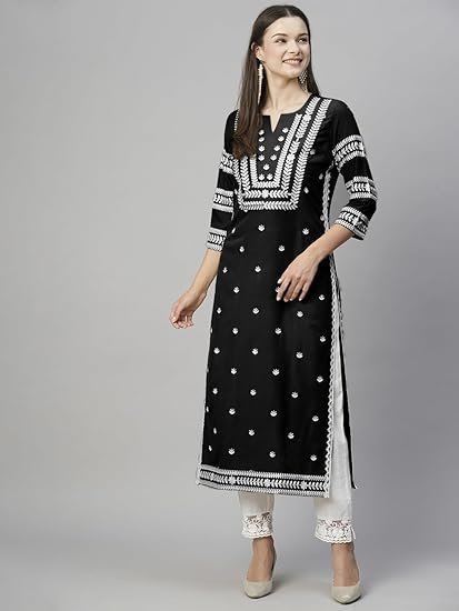 Women Black color white printed kurti set - Image 5