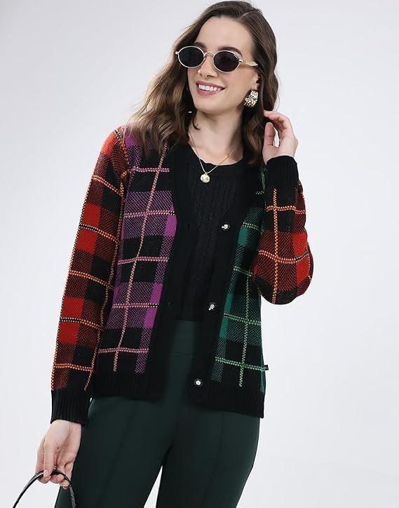 Women's Regular Fit Cardigan | Self Design Pattern | Button Closure with Full Sleeve V Neck Winter Cardigan for Womens - Image 3