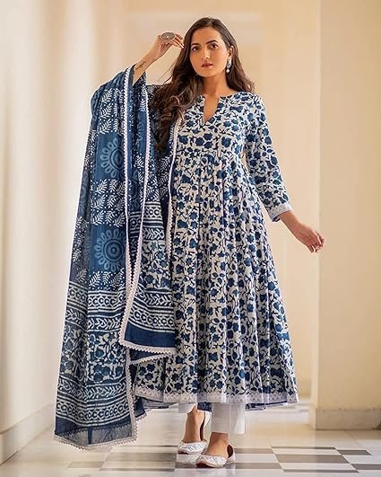 Cotton Printed Anarkali Kurta with Palazzo & Dupatta Set - Image 4