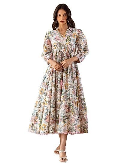 Women Rust V-Neck A-Line Dress with Bishop Sleeves, Gathered Details, Flared Hem - Casual Dress for Women, Calf Length - Stylish Dress - Comfortable Fashion