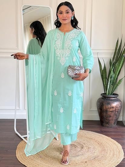 Cotton Embroidered Straight Kurta with Pant and Dupatta Sets (Available in Plus Size) (NX-631) - Image 3