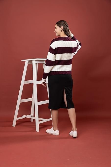 Women’s Woolen Striped Pullover Sweater | Full Sleeve Round Neck Winterwear | Cozy Warm Stylish Regular Fit Winter Sweater - Image 6