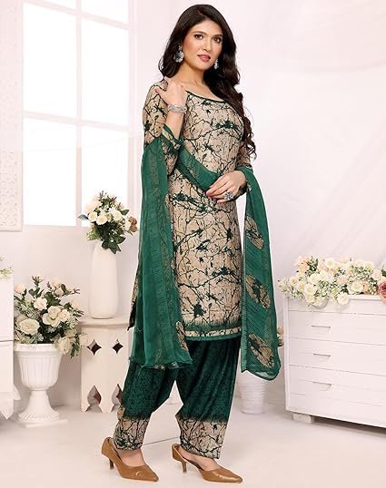 Printed Dress Material - Unstitched Crepe Fabric Kurti, Pants & Dupatta Set - Image 3